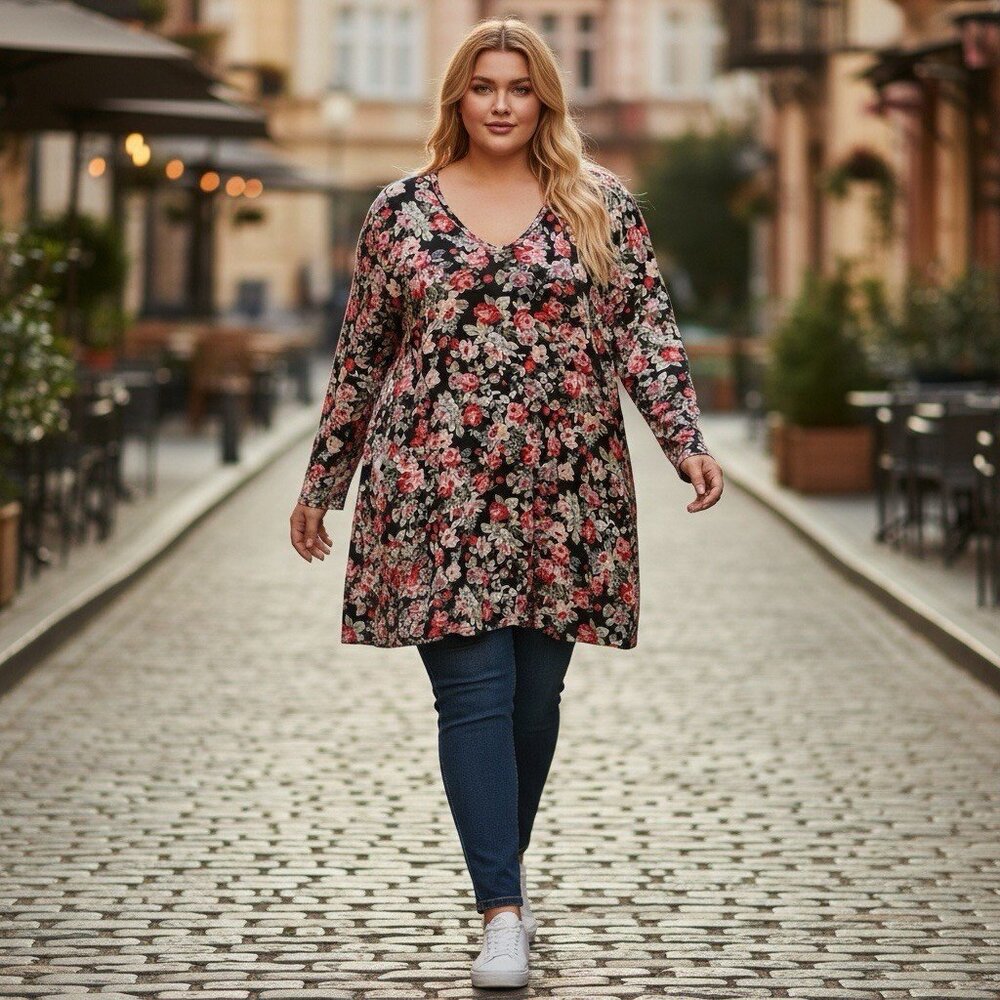 Belaroi Women Tunic Top 3X Black Stretchy Casual Dark Floral Tropical Whimsigoth